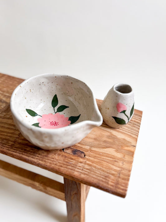 Bol à Matcha Fleur rose + repose fouet